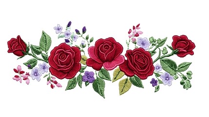 Embroidered Red Roses Floral Design Element