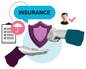 Insurance concept with symbolic shield, supportive hands, checklist, and icons in modern collage...
