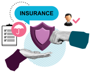 Insurance concept with symbolic shield, supportive hands, checklist, and icons in modern collage style on white background emphasizing protection