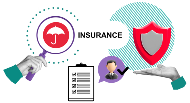 Insurance-themed collage showing umbrella icon, checklist, red shield, and human figure with checkmark in flat style on white background for protection concept