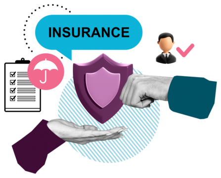 Insurance concept with symbolic shield, supportive hands, checklist, and icons in modern collage style on white background emphasizing protection