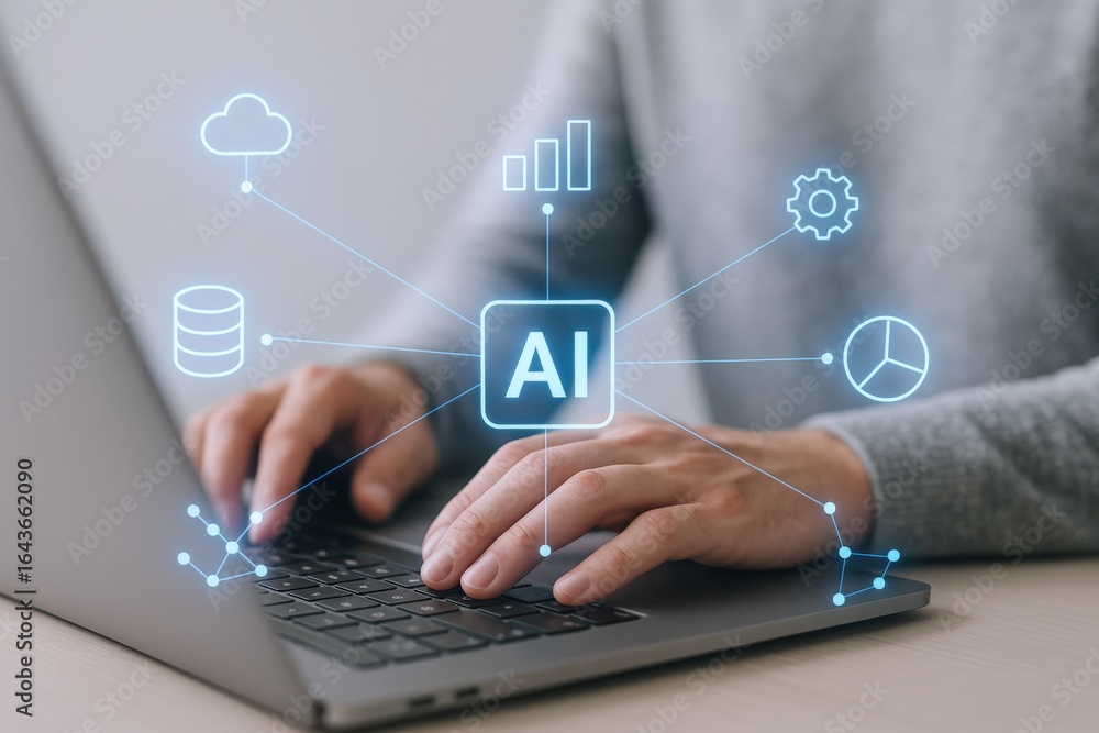 Poster ai integration: hands on laptop navigating cloud computing and data analysis for business innovation
