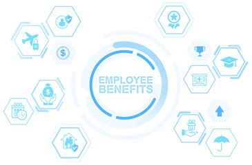 Naklejka premium Light blue line style icons showing various employee benefits like insurance, vacation, healthcare, and bonus, isolated on white background, concept of workplace perks