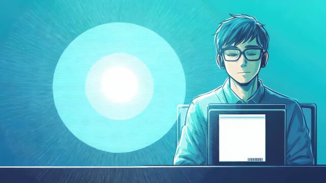 Male teen focused on computer screen, wearing glasses and headphones