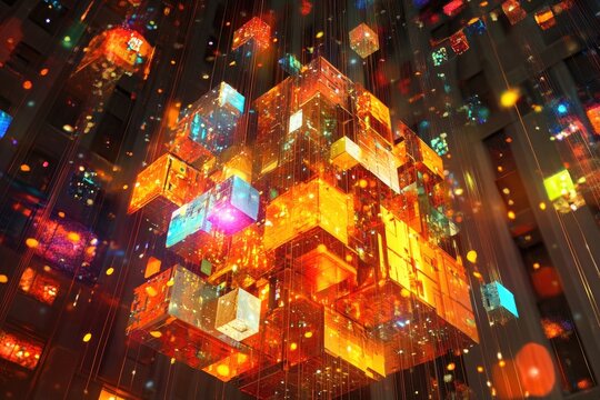 A vibrant, luminous cluster of translucent cubes, various sizes and colors, floats amidst a blurred cityscape backdrop, illuminated by internal and external light sources, 