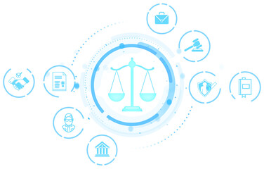 Scales of justice surrounded by law-related icons in light blue minimalist graphic style on a white background, representing legal system and services concept