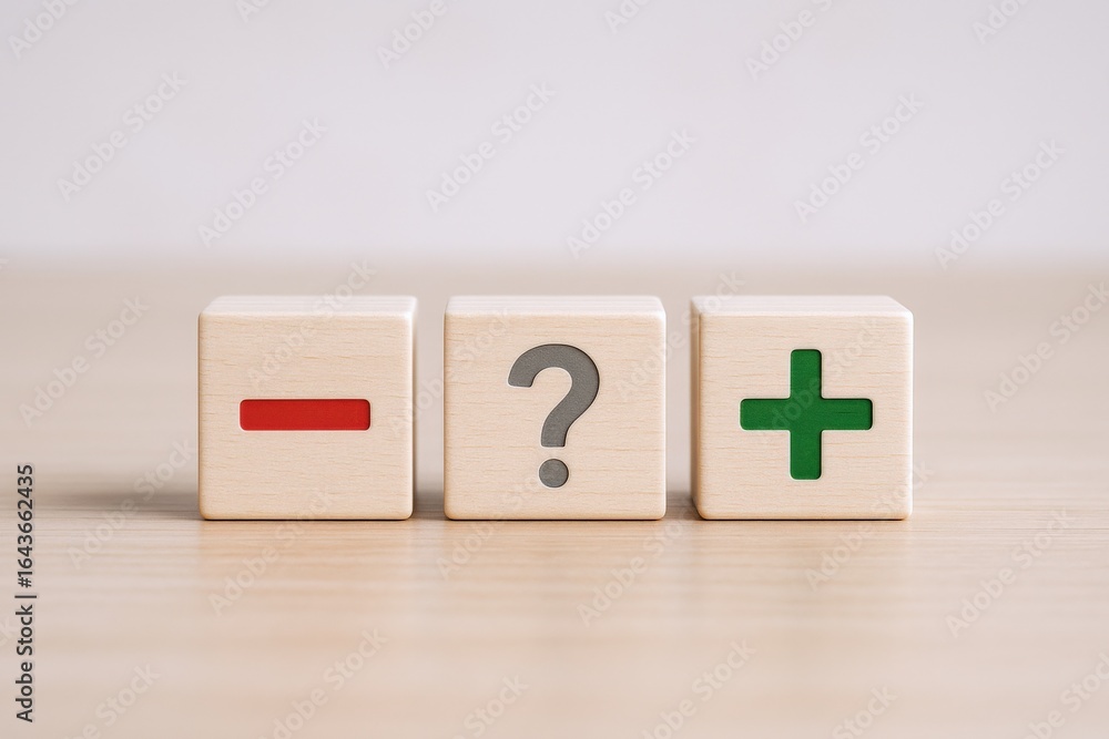 Poster wooden blocks with plus, minus, and question mark symbols for mathematical concepts and problem solv
