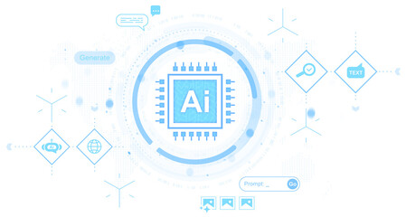 Futuristic blue AI chip in center with digital tech symbols, flat graphic style, isolated on white background. Concept of artificial intelligence system