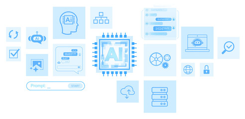 AI-related icons such as chatbot, server, cloud, processor, and security, in blue line style, isolated on white background, symbolizing modern technology