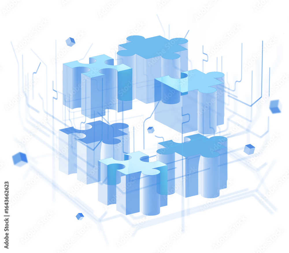 Poster blue translucent puzzle pieces arranged in 3d style, isolated on white background with abstract circ