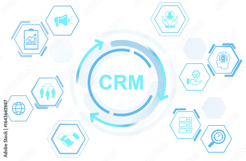 Poster blue crm system interface with business and marketing icons in hexagonal frames, minimal flat style 