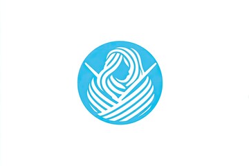Light-blue circle logo, stylized woman's head wrapped in yarn, with knitting needles