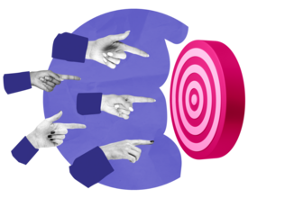 Several human hands pointing towards a pink target with rings, modern collage style, isolated on white background. Concept of focus, teamwork, or blame