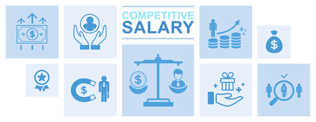 Multiple blue icons related to competitive salary, employee rewards, hiring, and growth shown in a flat graphic style on a white background