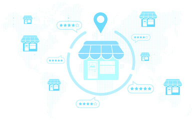 Multiple shop icons with rating stars and map pin in blue graphic style on a white background, symbolizing customer reviews and global business locations