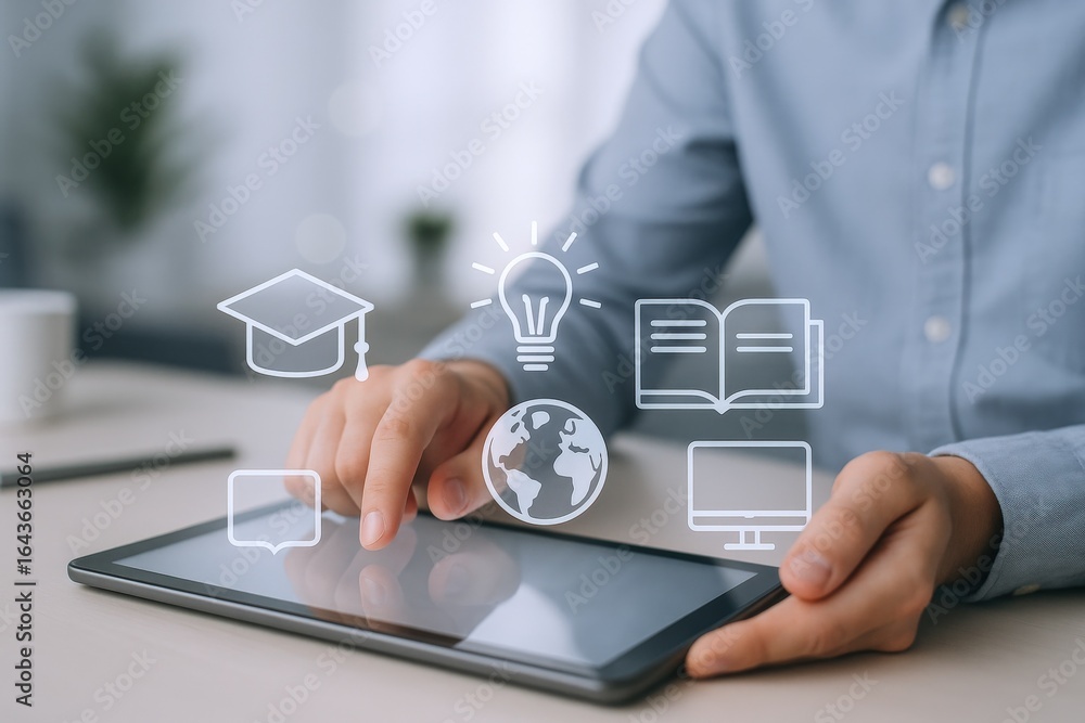 Poster interactive learning experience: man using tablet with educational icons overlay for online courses