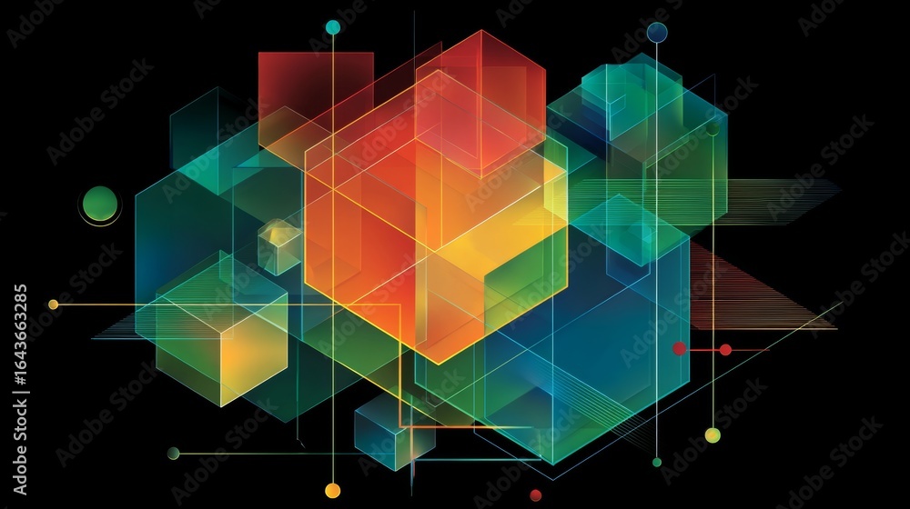 Poster an abstract digital art piece featuring colorful, translucent geometric shapes and lines arranged in