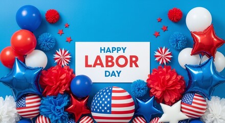 Festive labor day decoration with american flag balloons and stars on blue background