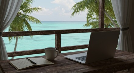 Fototapeta premium Working remotely from a tropical paradise Laptop coffee and notebook on rustic wooden table overlooking turquoise ocean and palm trees