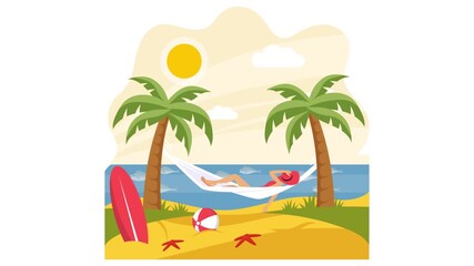 person lounging in hammock tied between two trees at gold sand beach animation, Girl enjoying Lazy Days Under the Sun animated video, Nature and landscape Clip, Scenic Summer Season Vibes footage - Powered by Adobe