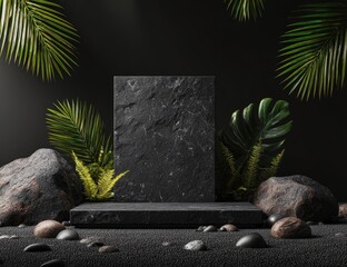 Dark, moody scene featuring a black marble slab on a stone base, surrounded by tropical foliage, pebbles, and rocks, lit dramatically from above