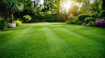 Lush green garden with sunlight summer morning