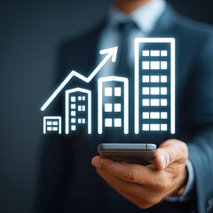 Businessman holds phone displaying graphic of growing buildings and graph