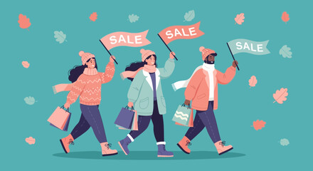 Obraz premium Three diverse people in winter clothes holding sale flags and shopping bags walk against a teal background with leaf accents.