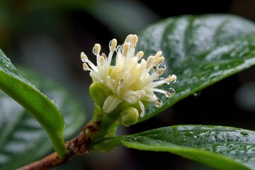 A white flower with water droplets stands out against glossy green leaves