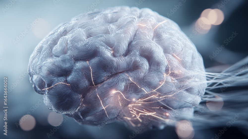 Poster human brain abstract neural network representation with light streaks emphasizing intelligence and a