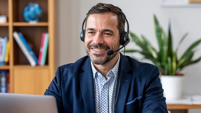 Smiling businessman wearing a headset and suit jacket working on a laptop in a modern office with bookshelves and a plant - Powered by Adobe