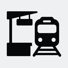 Silhouette train station and passenger train minimal vector illustration