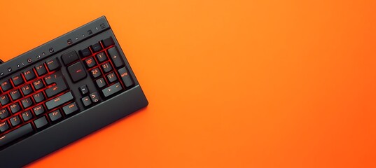 New gaming keyboard on the left, bold orange background, space for product branding 