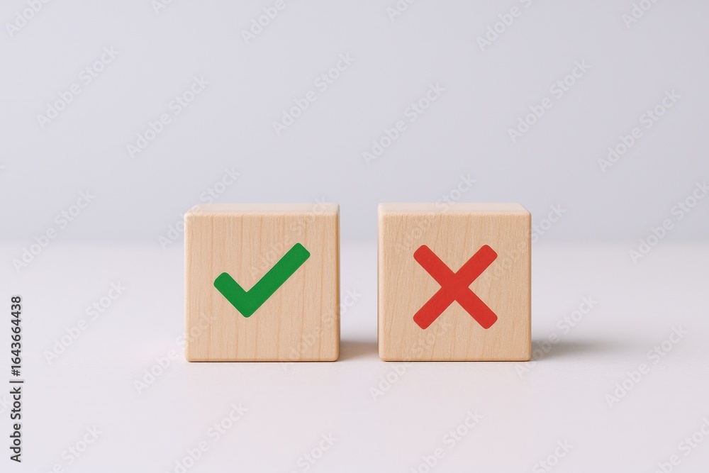 Aufkleber decision making: wooden blocks displaying a green checkmark and a red x, symbolizing choices and out