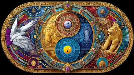 Obraz premium Intricate Circular Design with Symbolic Elements Representing Harmony and Balance in Nature
