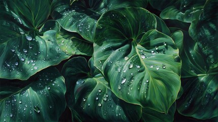 Fototapeta premium Lush green leaves with water droplets, capturing the beauty of nature's elegance and freshness.