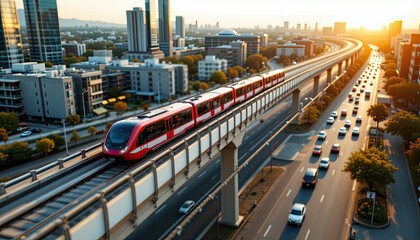 an urban setting with a modern rail system in operation. a high speed train is seen gliding over an elevated track at dusk, moving through a metropolitan area with various buildings in the background