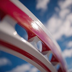 Close-up of a curved,  red and white,  metal structure