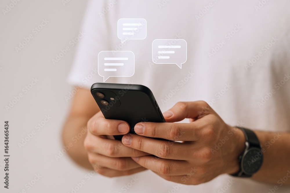 Poster man using smartphone for texting with speech bubbles, communication concept, modern technology, whit