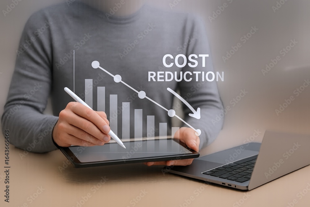 Poster business professional analyzing cost reduction strategies on a tablet with a declining graph overlay