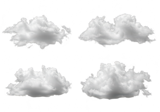 Four fluffy white clouds isolated on transparent background