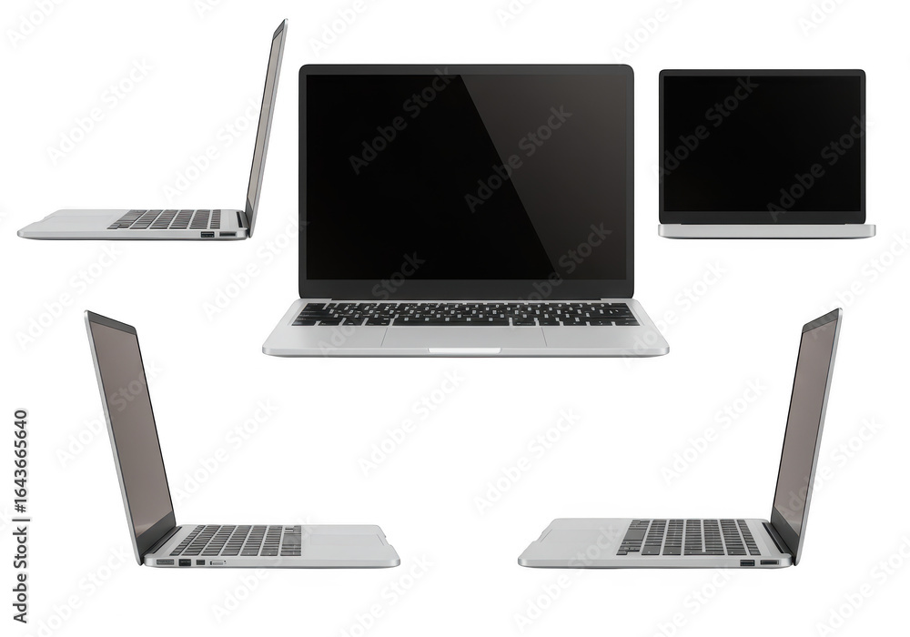 Poster set of laptops from different angles isolated on transparent background