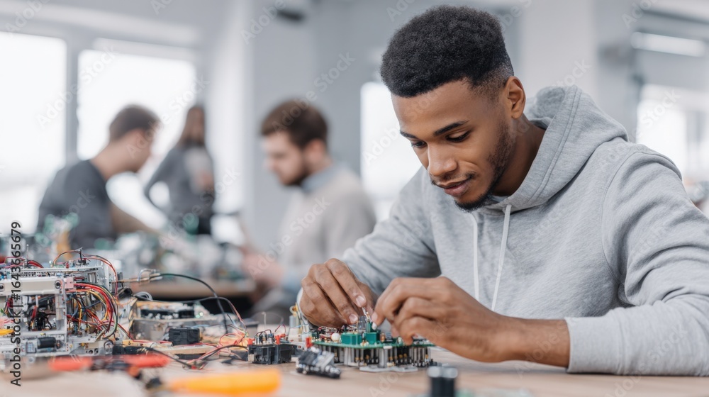 Poster young man assembling electronic circuit board with focus and precision in a technology lab environme