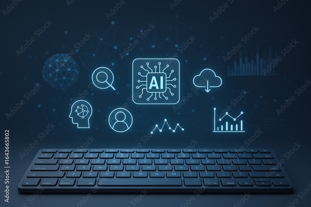 Poster artificial intelligence concept with data visualization and keyboard, representing machine learning 