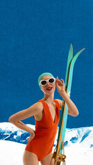 Minimalist pop art collage. Woman in orange swimsuit posing with skis on snowy slope. Concept of bold fashion statement, travel guide irony, and high-impact winter brand campaign.
