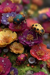 Fototapeta premium Whimsical Scene of Ladybugs on Colorful Flowers in a Rainy Enchanted Garden with Glowing Lights