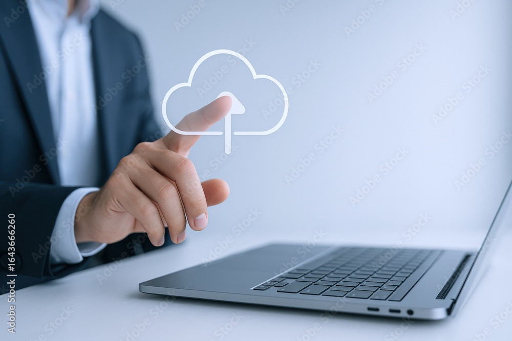 Poster cloud computing concept: man uploading data to cloud storage with laptop, showing data transfer