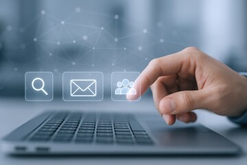 Obraz premium Business person using laptop for search, email, and team contact in network interface