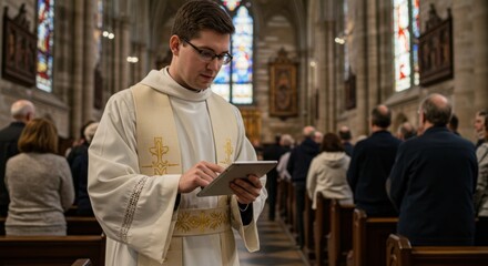 Caucasian man priest in white vestment holding digital tablet in church during service. Modern christianity and technology.