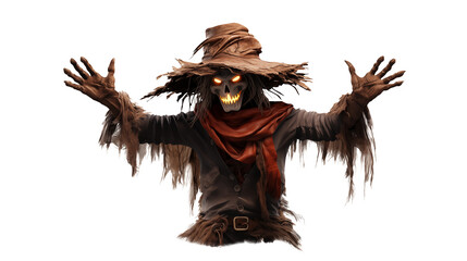 Eerie scarecrow with glowing eyes, perfect for Halloween themed projects, horror designs, or spooky seasonal events that need a touch of frightening imagery